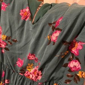 Green floral faux wrap maxi dres with cap sleeves